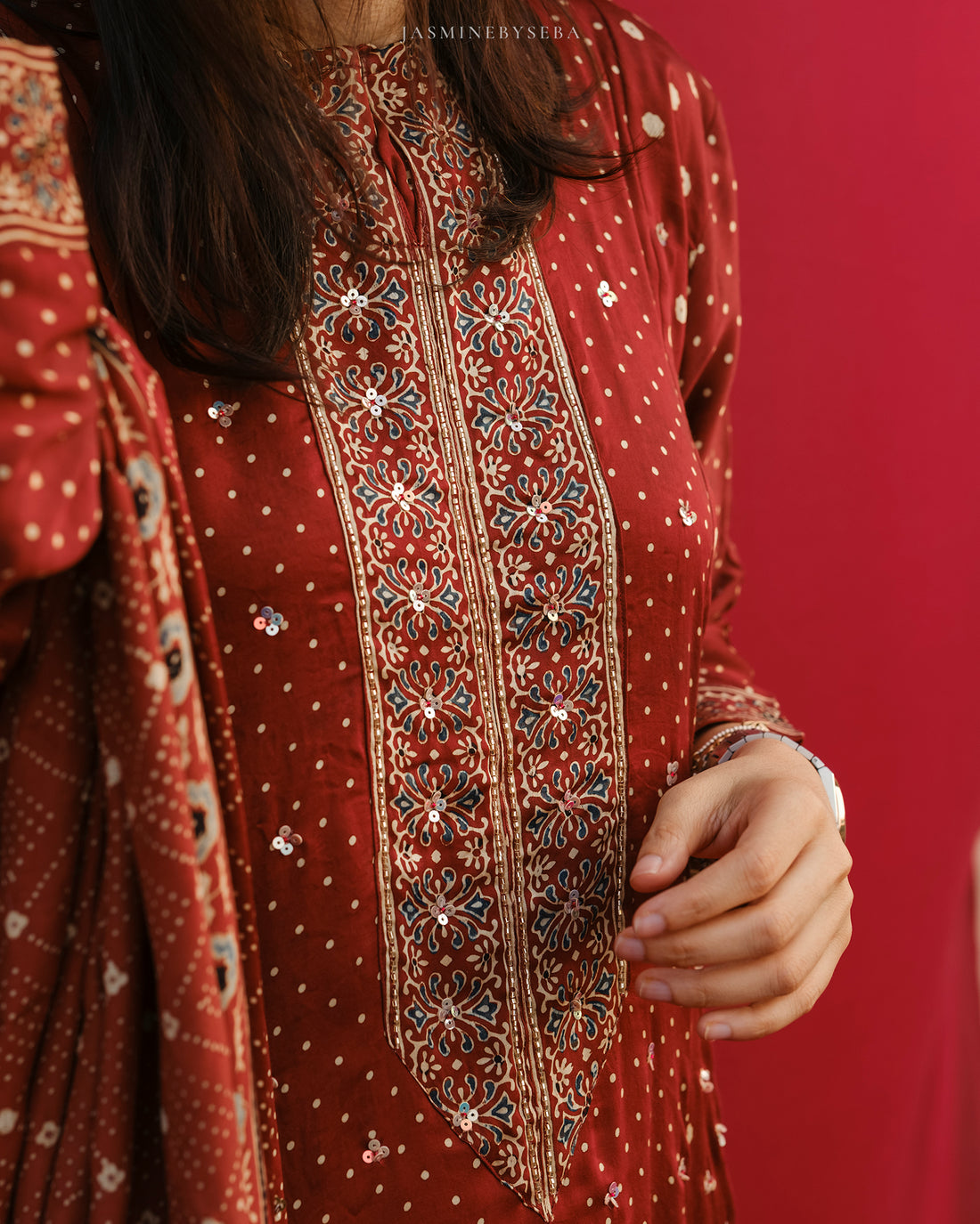 Ajrakh hand dyed hand block printed modal silk panel cut salwar set with cut bead handwork
