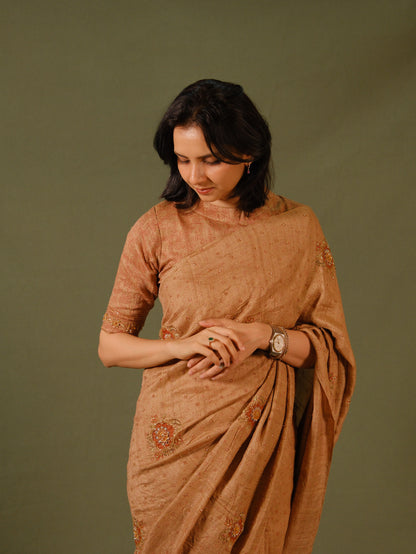 Ajrakh pure handloom tussar silk hand dyed, hand block printed and handworked saree