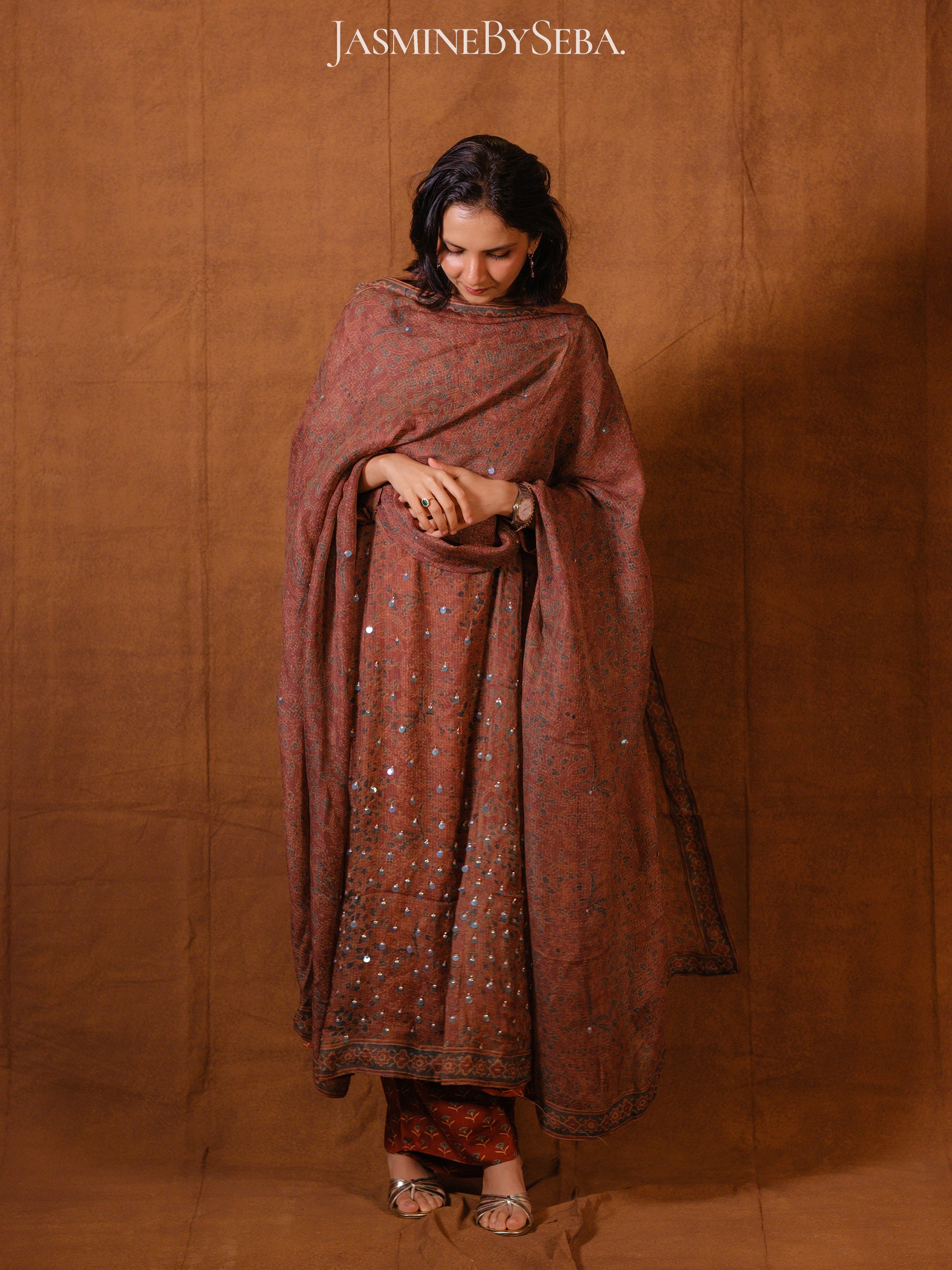 Ajrakh hand dyed hand block printed kota silk jacket set with cut bead handwork