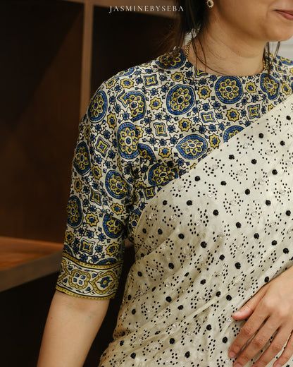 Ajrakh pure modal silk hand dyed, hand block printed and handworked saree