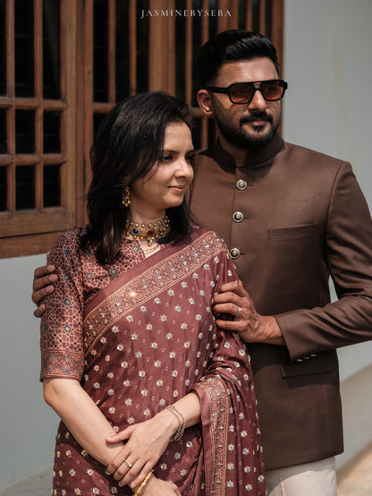 Ajrakh pure handloom gajji silk hand dyed, hand block printed and handworked saree