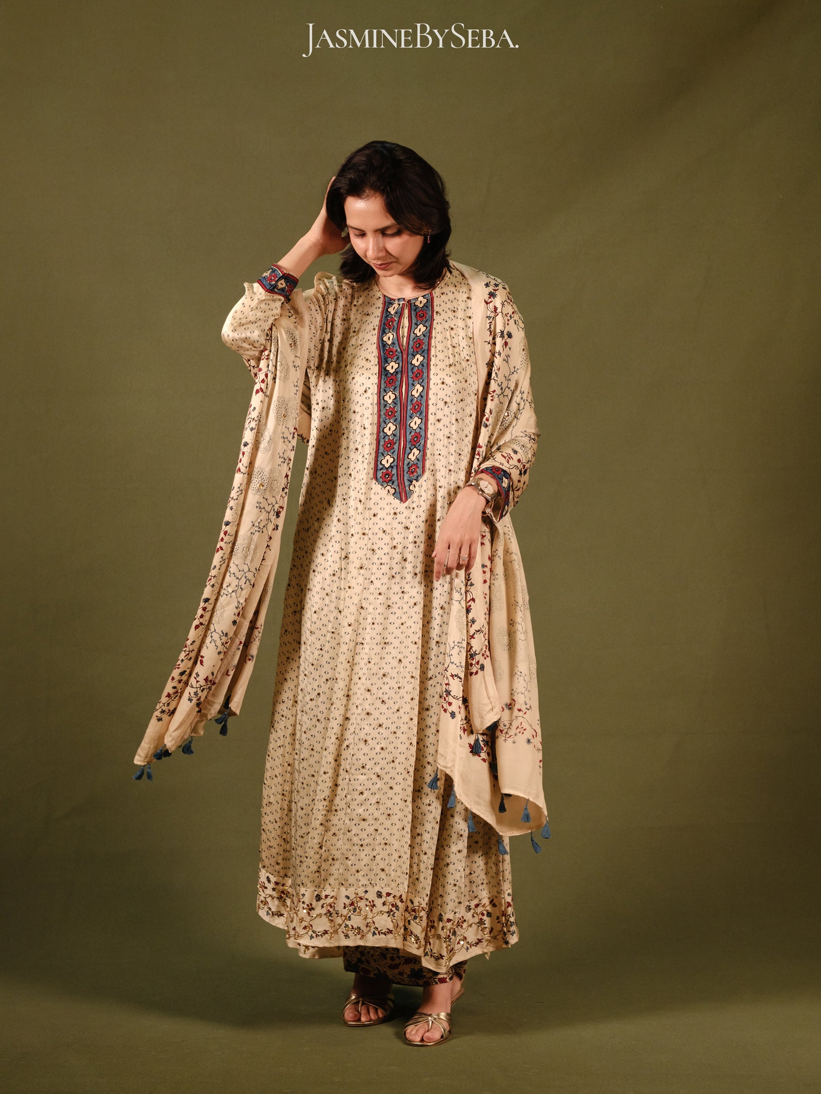 Ajrakh hand dyed hand block printed modal silk panel cut masakali set with cut bead handwork