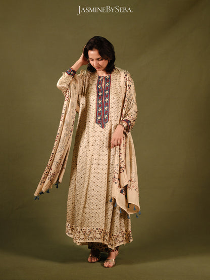 Ajrakh hand dyed hand block printed modal silk panel cut masakali set with cut bead handwork