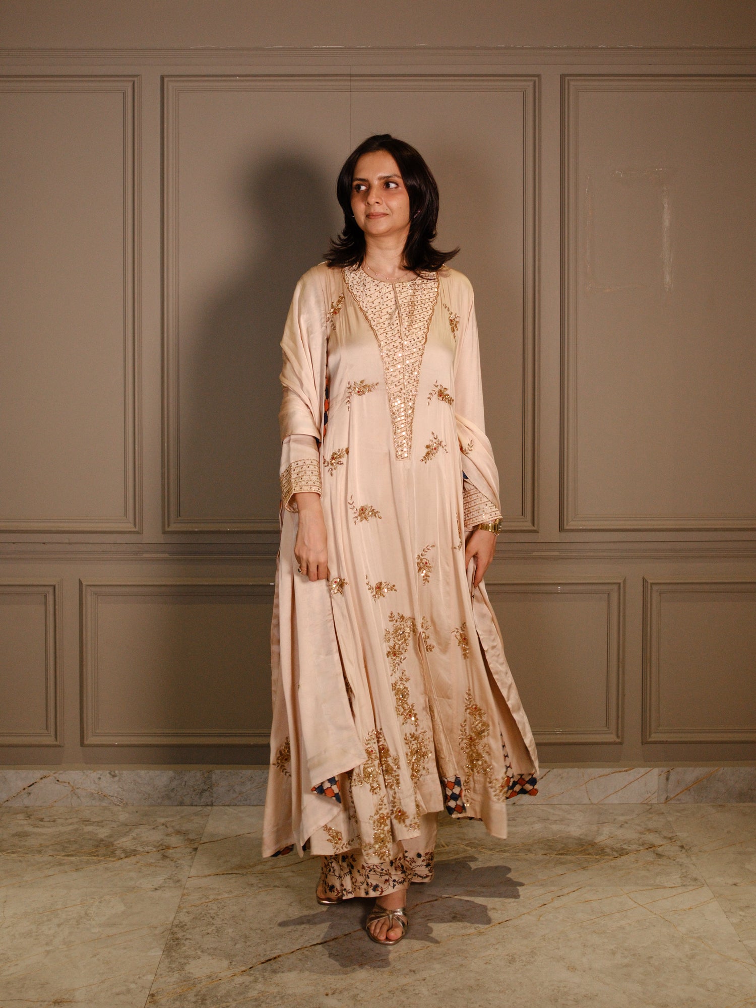 Ajrakh hand dyed hand block printed modal silk panel cut salwar set with cut bead handwork