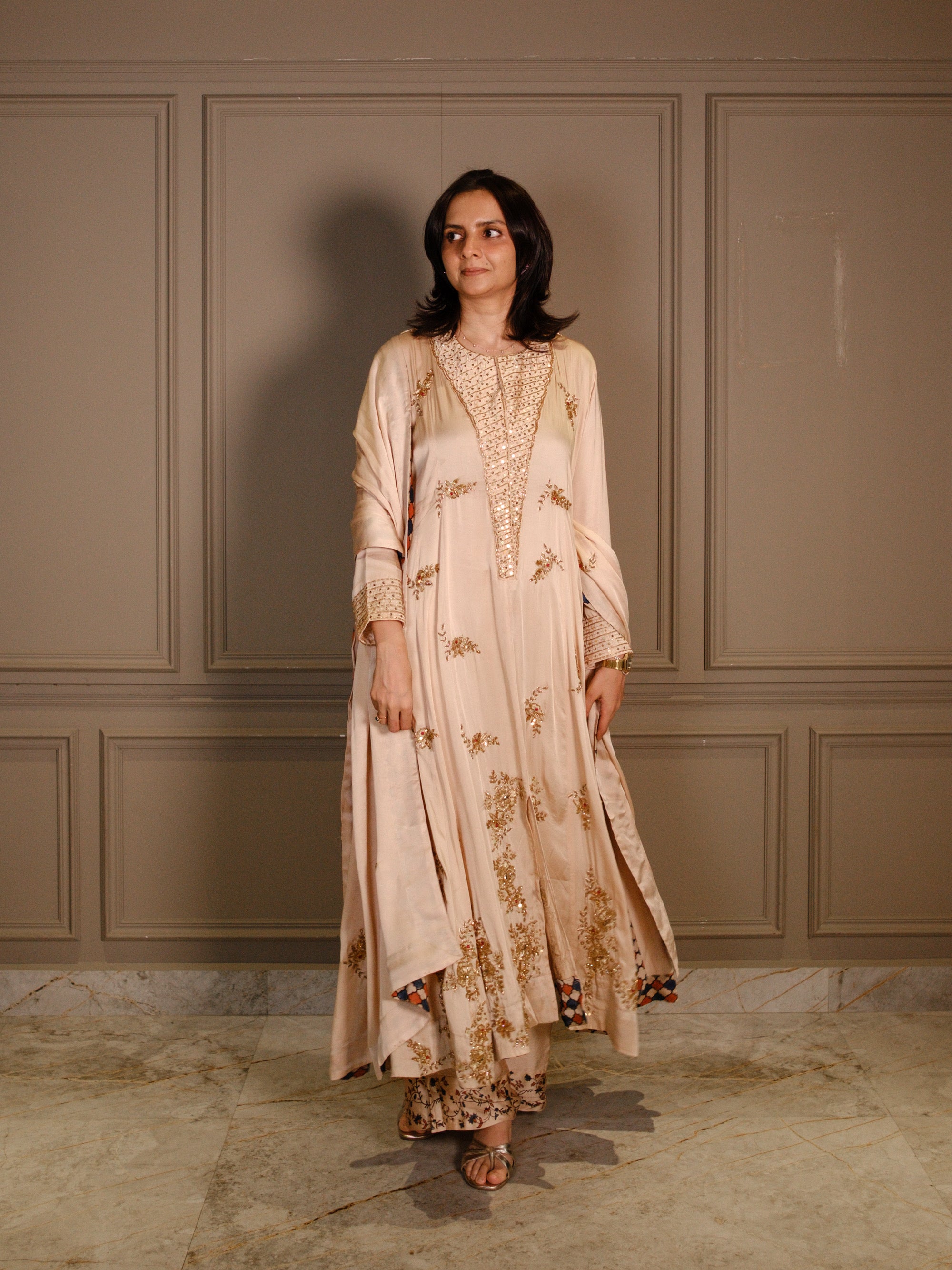 Ajrakh hand dyed hand block printed modal silk panel cut salwar set with cut bead handwork