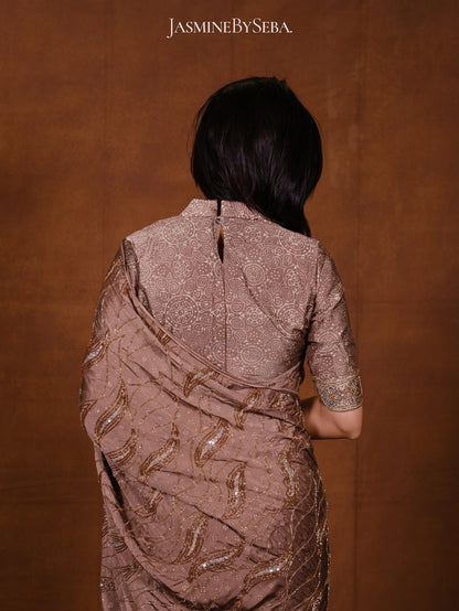 Ajrakh pure modal silk hand dyed, hand block printed and handworked saree