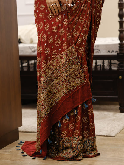 Ajrakh pure modal silk hand dyed, hand block printed and handworked saree