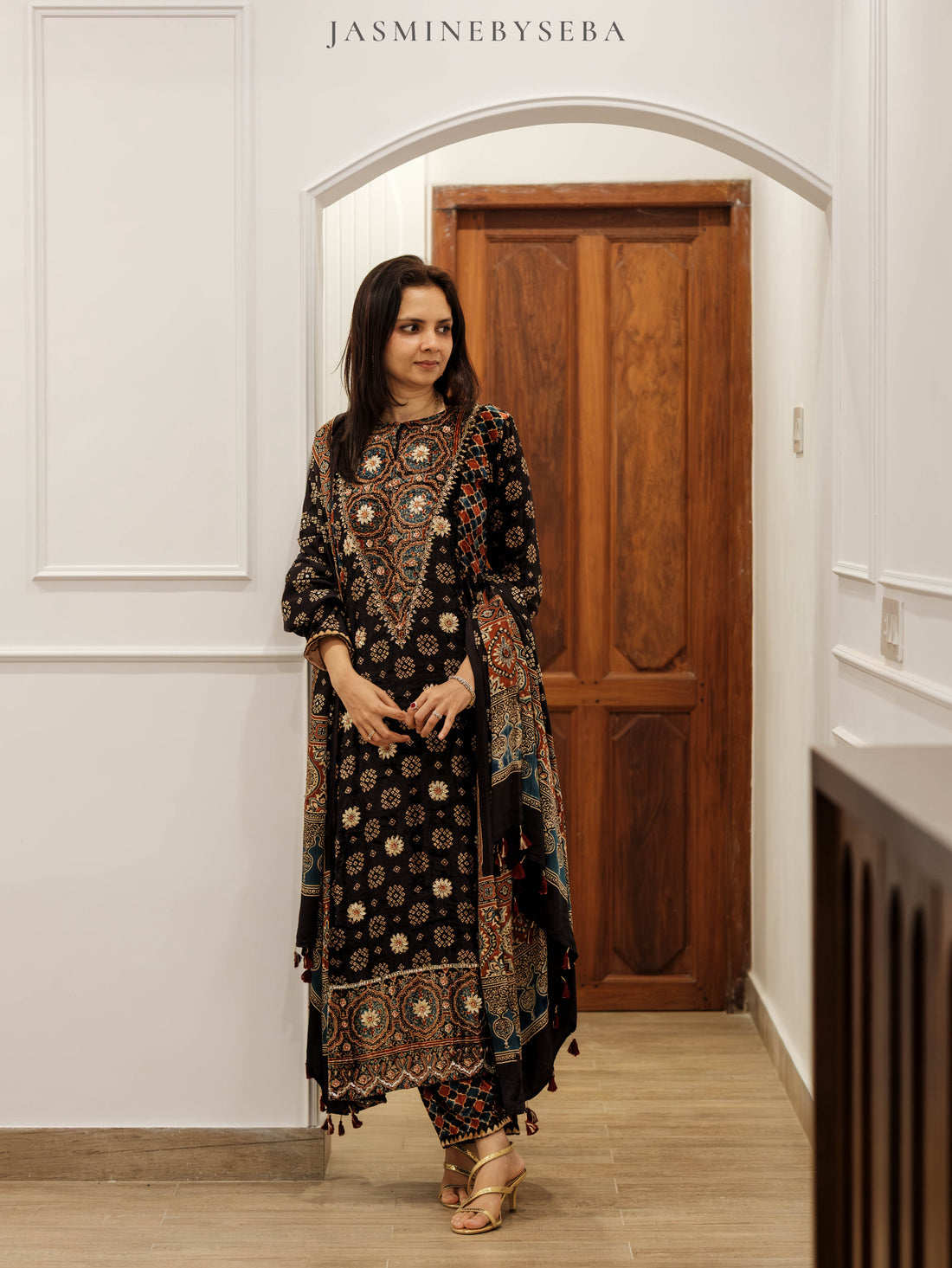 Ajrakh hand dyed hand block printed velvet silk panel cut salwar set with hand embroidry
