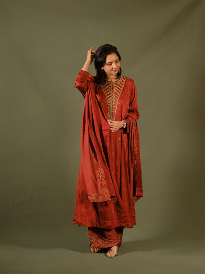 Ajrakh hand dyed hand block printed modal silk panel cut salwar set with cut bead handwork