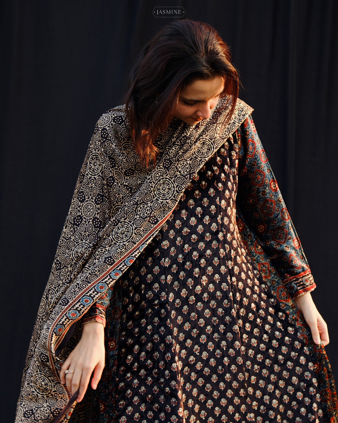 Ajrakh hand block printed velvet silk  panel line salwar set with cutbead handwork