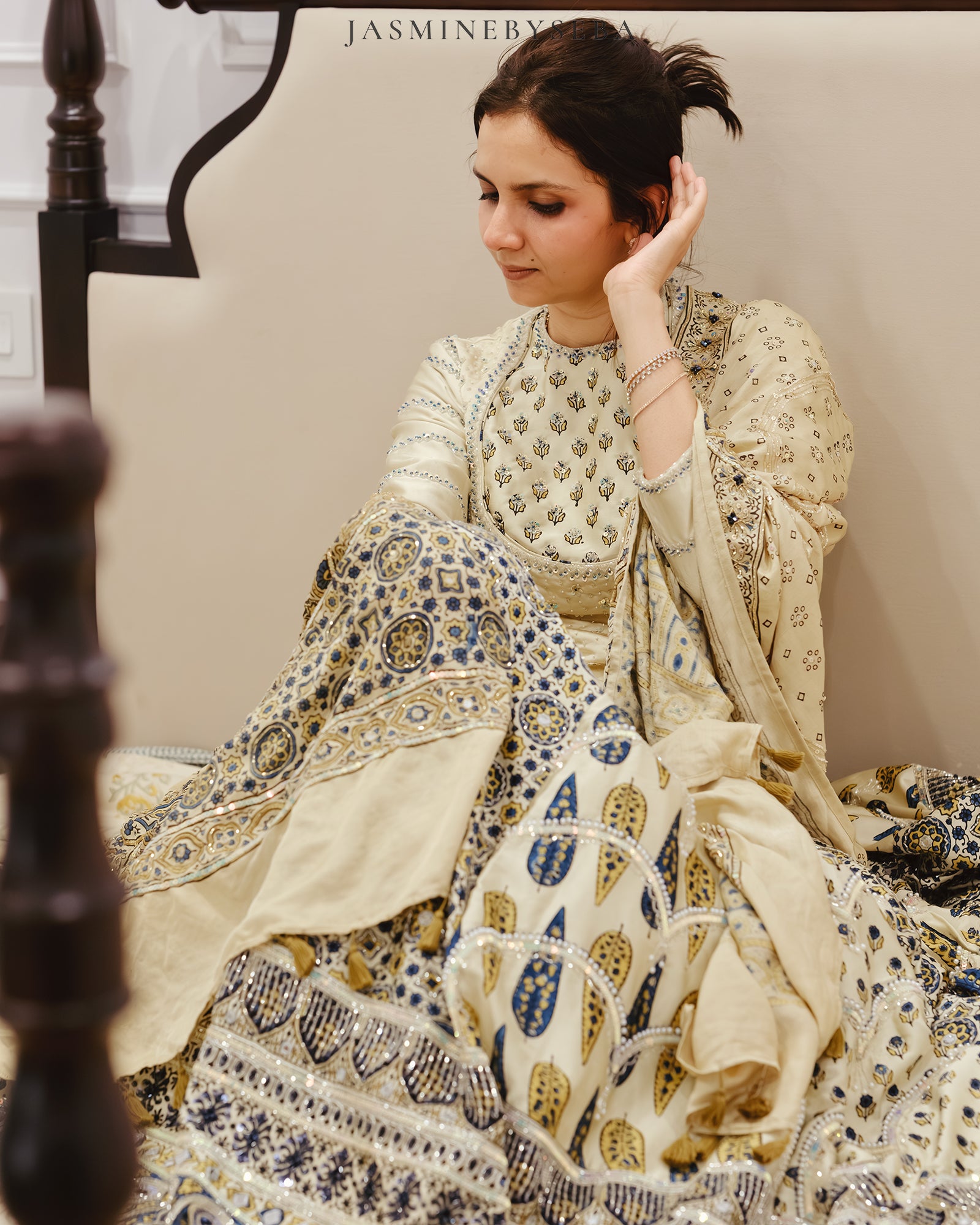 Custom made Ajrakh hand dyed hand block printed modal silk bridal lehenga set with pure handloom gajji silk dupatta detailed out with hand embroidry