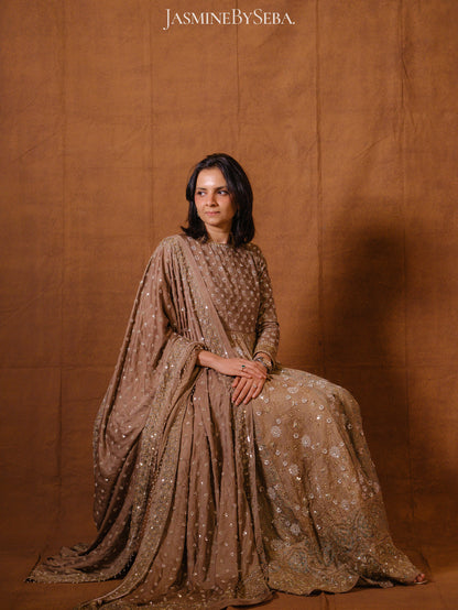 Custom made Ajrakh handcrafted handloom Tusshar silk bridal anarkali set with pure handloom gajji silk dupatta detailed out with hand embroidry