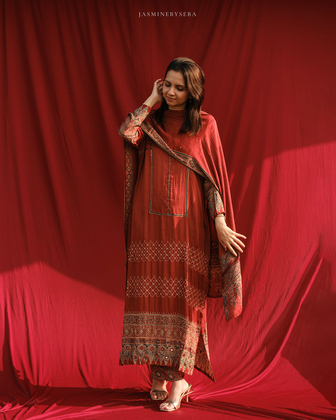 Ajrakh hand block printed modal silk straight cut salwar set with cutbead handwork