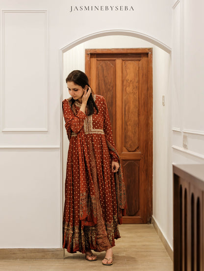 Ajrakh hand dyed hand block printed modal silk panel cut salwar set with cut bead handwork