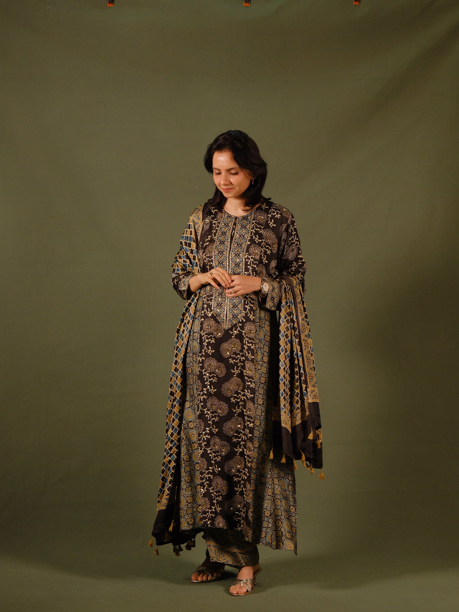Ajrakh hand dyed hand block printed modal silk panel cut salwar set with cut bead handwork