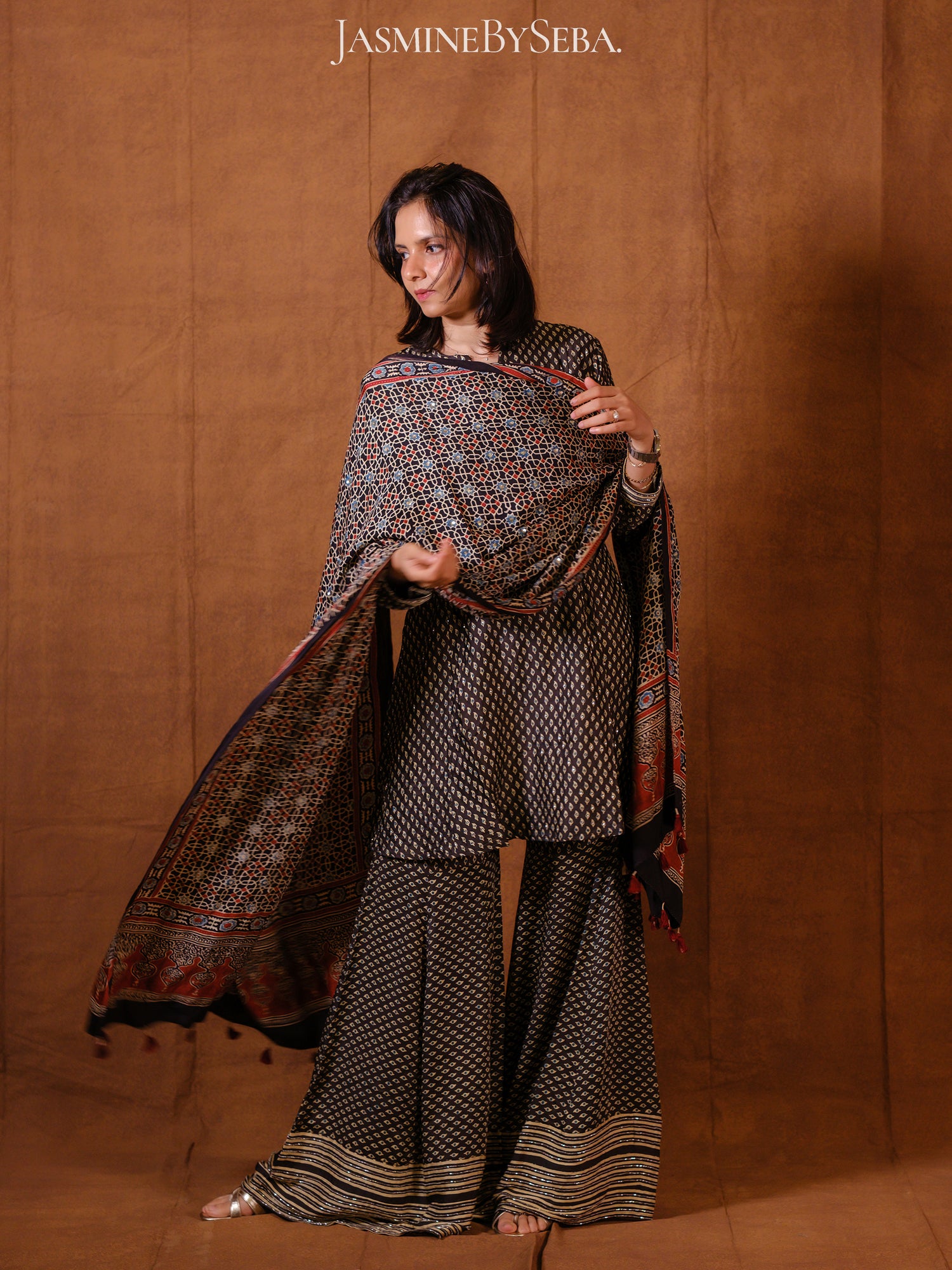 Ajrakh hand dyed hand block printed modal silk sharara set with cut bead handwork