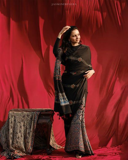 Ajrakh modal silk hand dyed, hand block printed and handworked saree with modal silk handworked dupatta