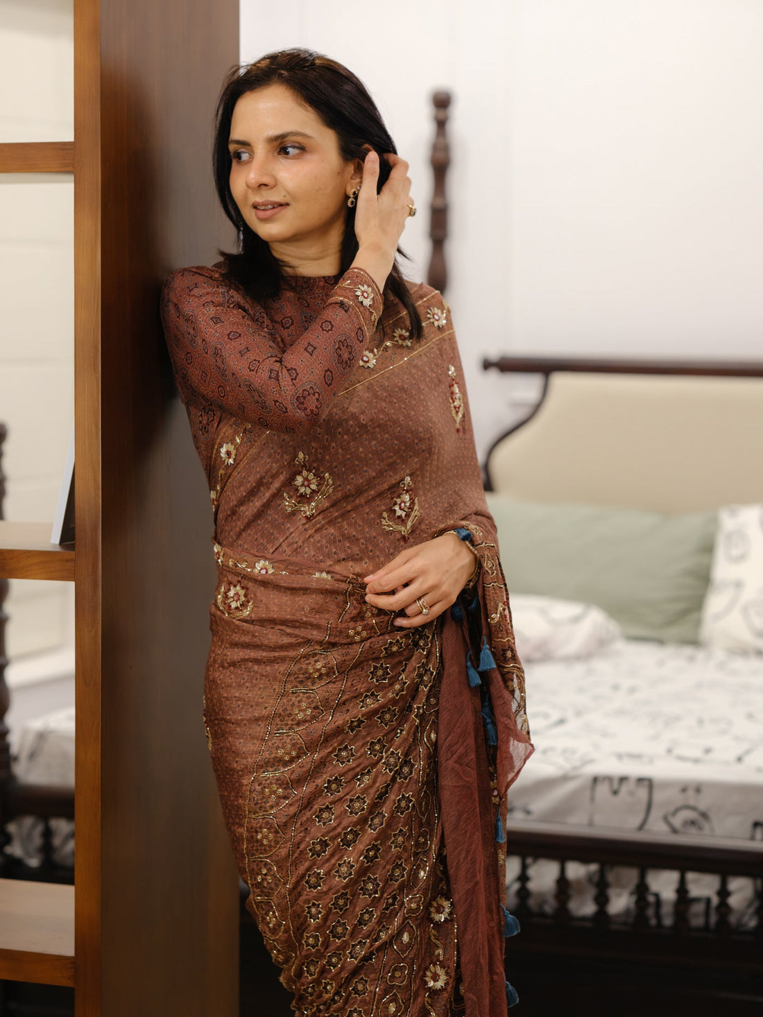Ajrakh pure kota silk hand dyed, hand block printed and handworked saree