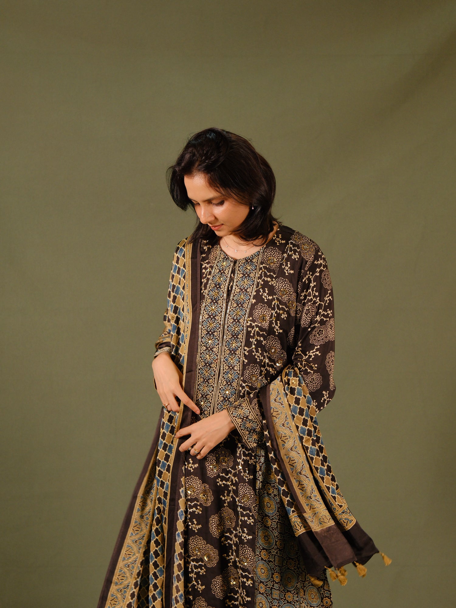 Ajrakh hand dyed hand block printed modal silk panel cut salwar set with cut bead handwork
