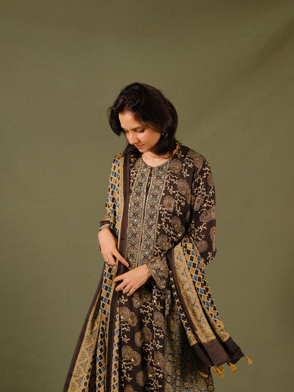 Ajrakh hand dyed hand block printed modal silk panel cut salwar set with cut bead handwork