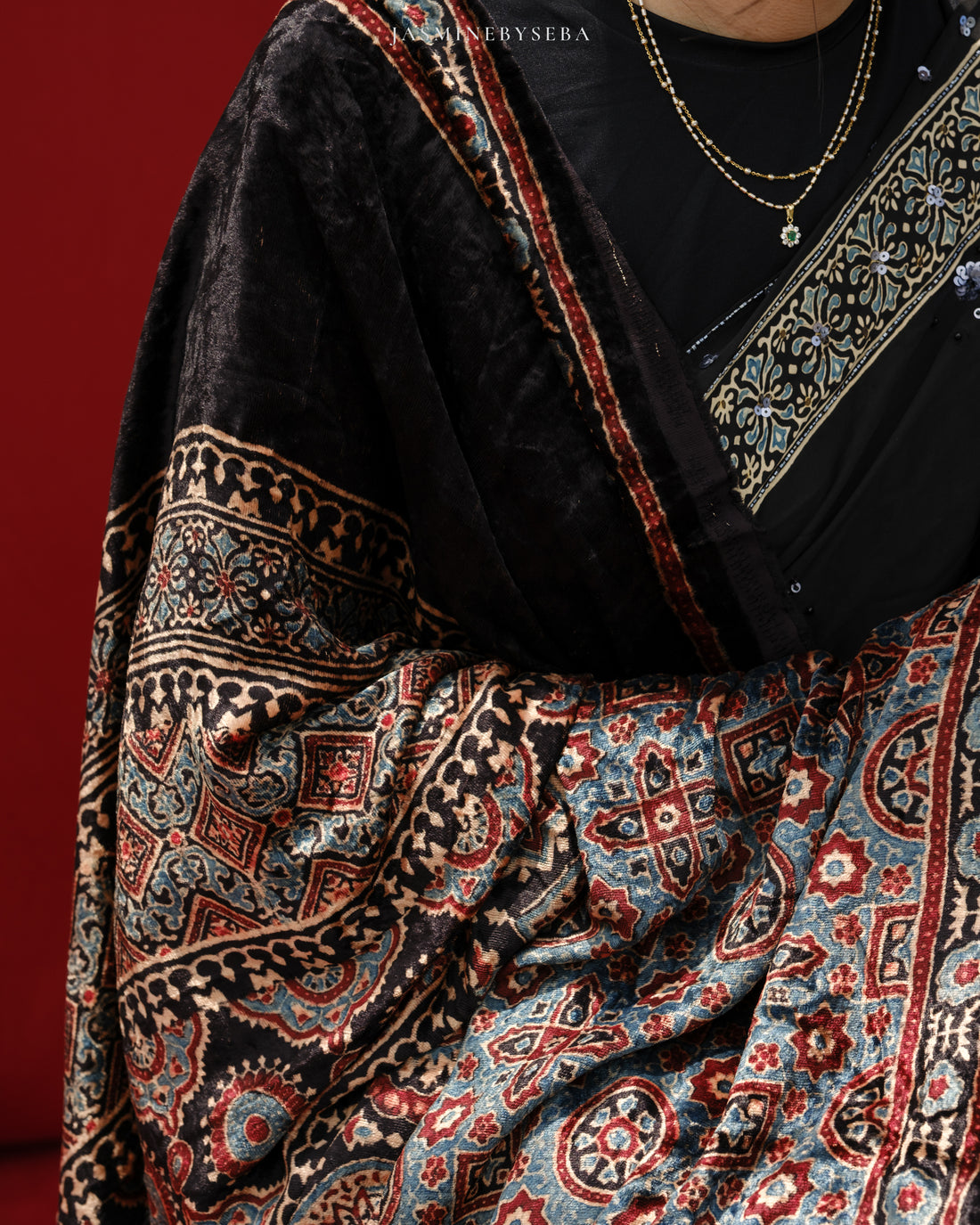 AJRAKH hand dyed hand block printed pure velvet silk long scarf