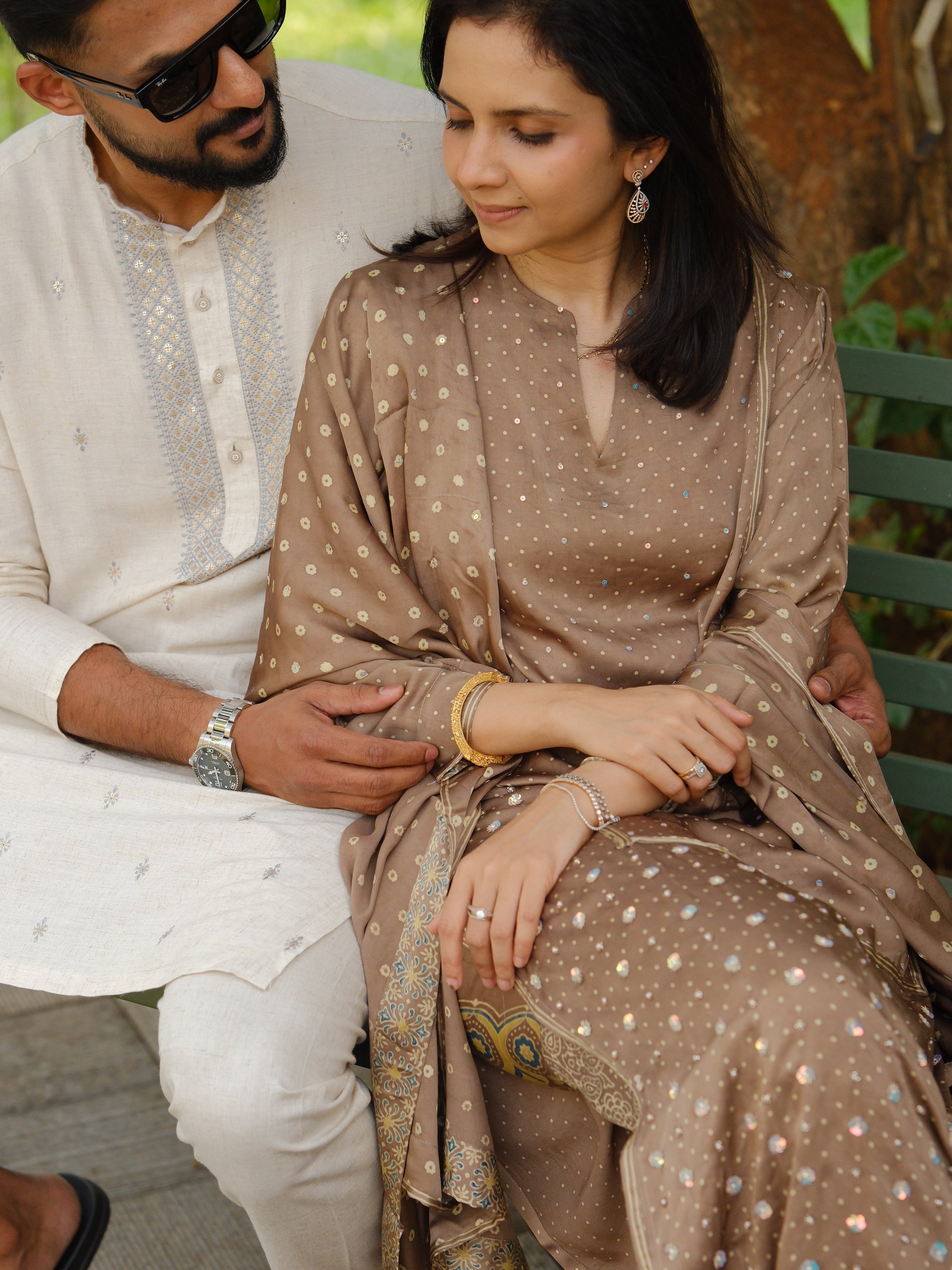 Ajrakh hand dyed hand block printed modal silk panel cut salwar set with cut bead handwork