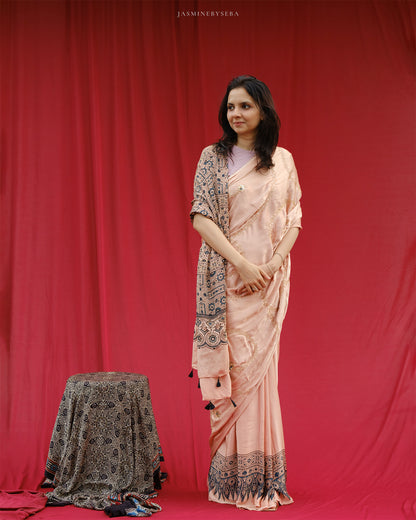 Ajrakh modal silk hand dyed, hand block printed and handworked saree
