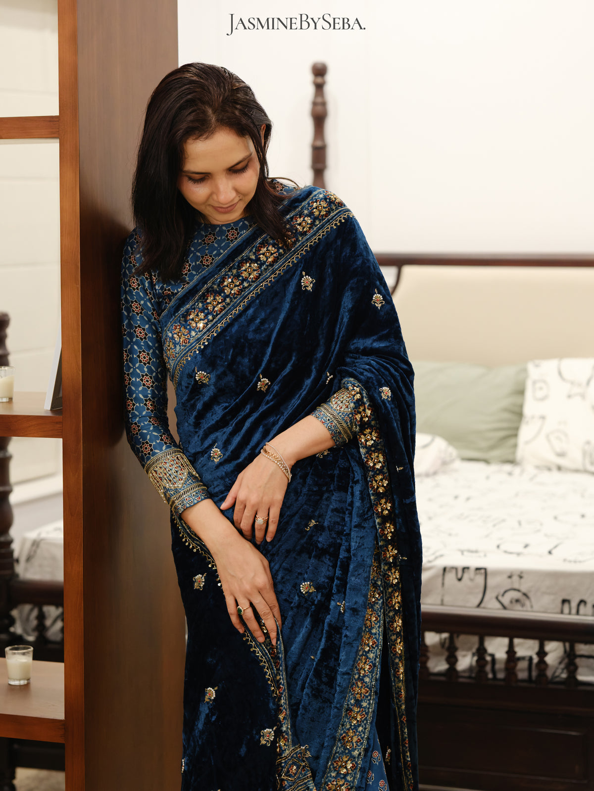 Ajrakh pure velvet silk hand dyed, hand block printed and handworked saree