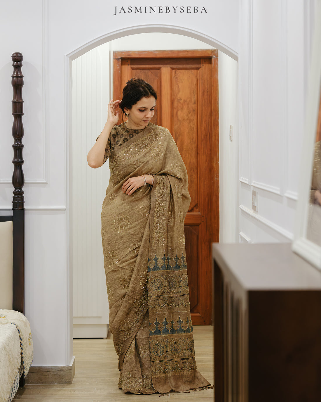 Ajrakh pure handloom tussar silk hand dyed, hand block printed and handworked saree