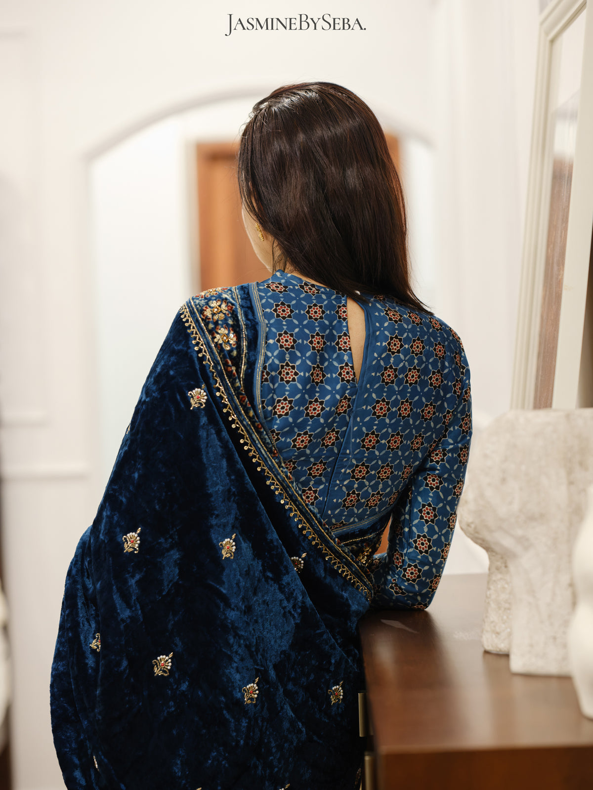 Ajrakh pure velvet silk hand dyed, hand block printed and handworked saree