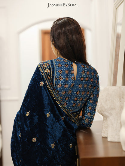 Ajrakh pure velvet silk hand dyed, hand block printed and handworked saree