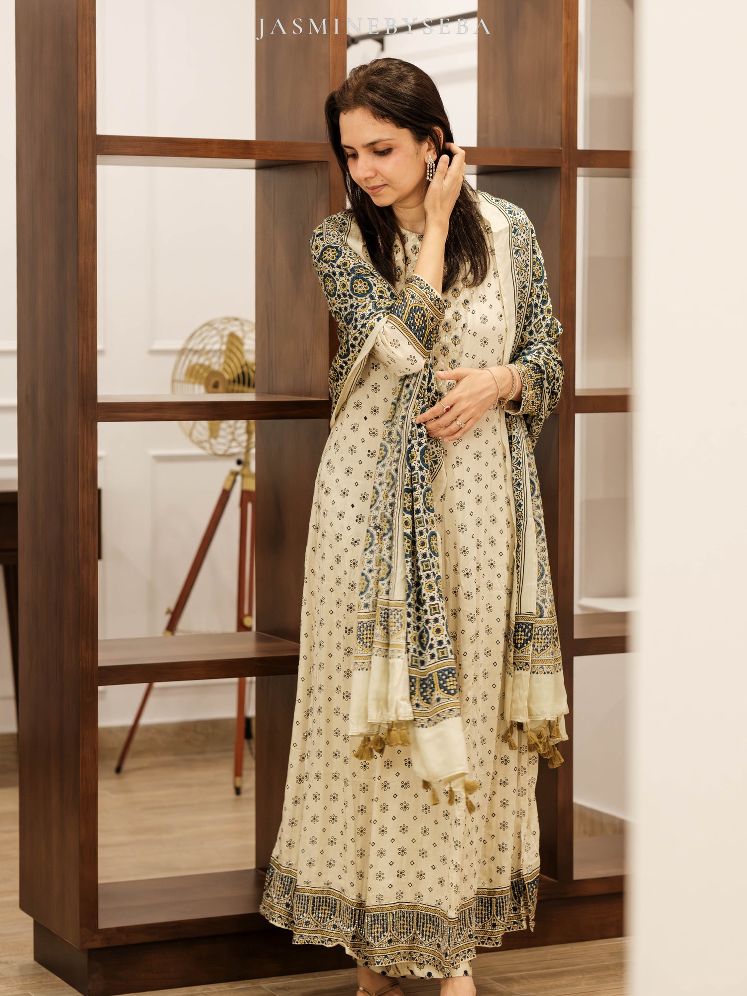 Ajrakh hand dyed hand block printed modal silk panel cut salwar set with cut bead handwork