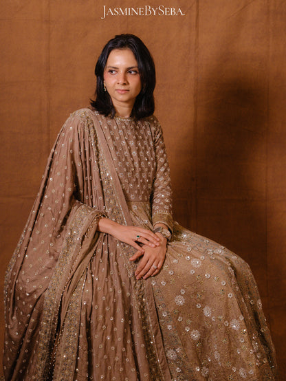 Custom made Ajrakh handcrafted handloom Tusshar silk bridal anarkali set with pure handloom gajji silk dupatta detailed out with hand embroidry