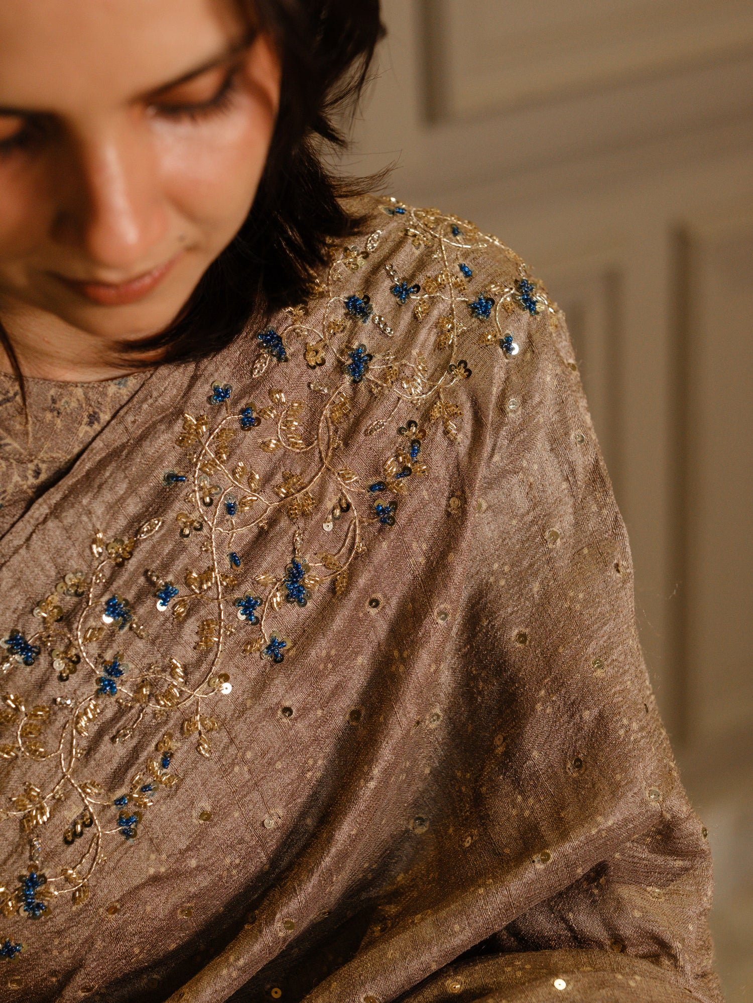 Ajrakh pure handloom tussar silk hand dyed, hand block printed and handembroideredsaree