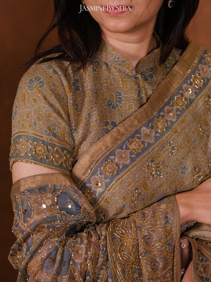 Ajrakh pure kota doria hand dyed, hand block printed and handworked saree