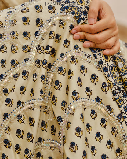 Custom made Ajrakh hand dyed hand block printed modal silk bridal lehenga set with pure handloom gajji silk dupatta detailed out with hand embroidry