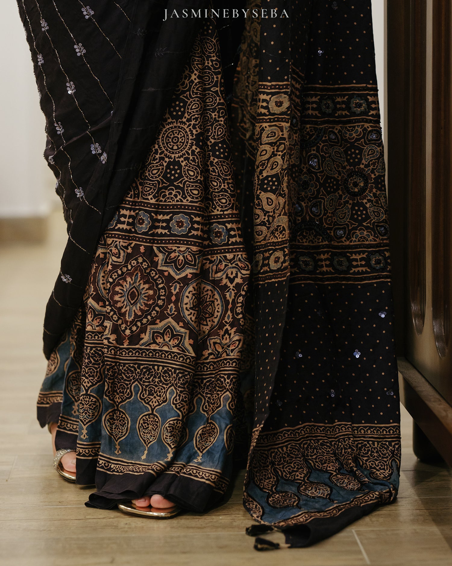 Ajrakh pure handloom gajji silk hand dyed, hand block printed and handworked saree
