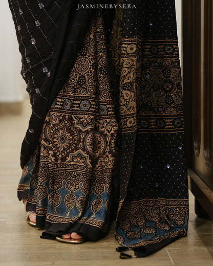 Ajrakh pure handloom gajji silk hand dyed, hand block printed and handworked saree