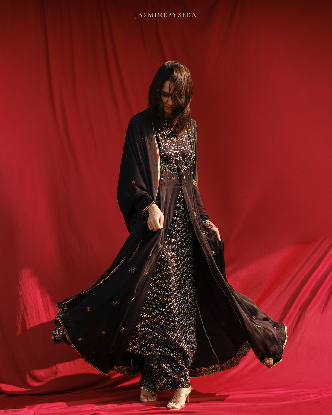 Ajrakh hand dyed hand block printed modal silk panel cut Anarkali set with cut bead handwork