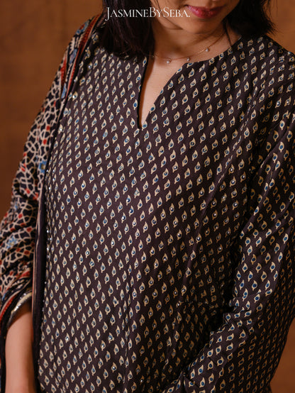 Ajrakh hand dyed hand block printed modal silk sharara set with cut bead handwork