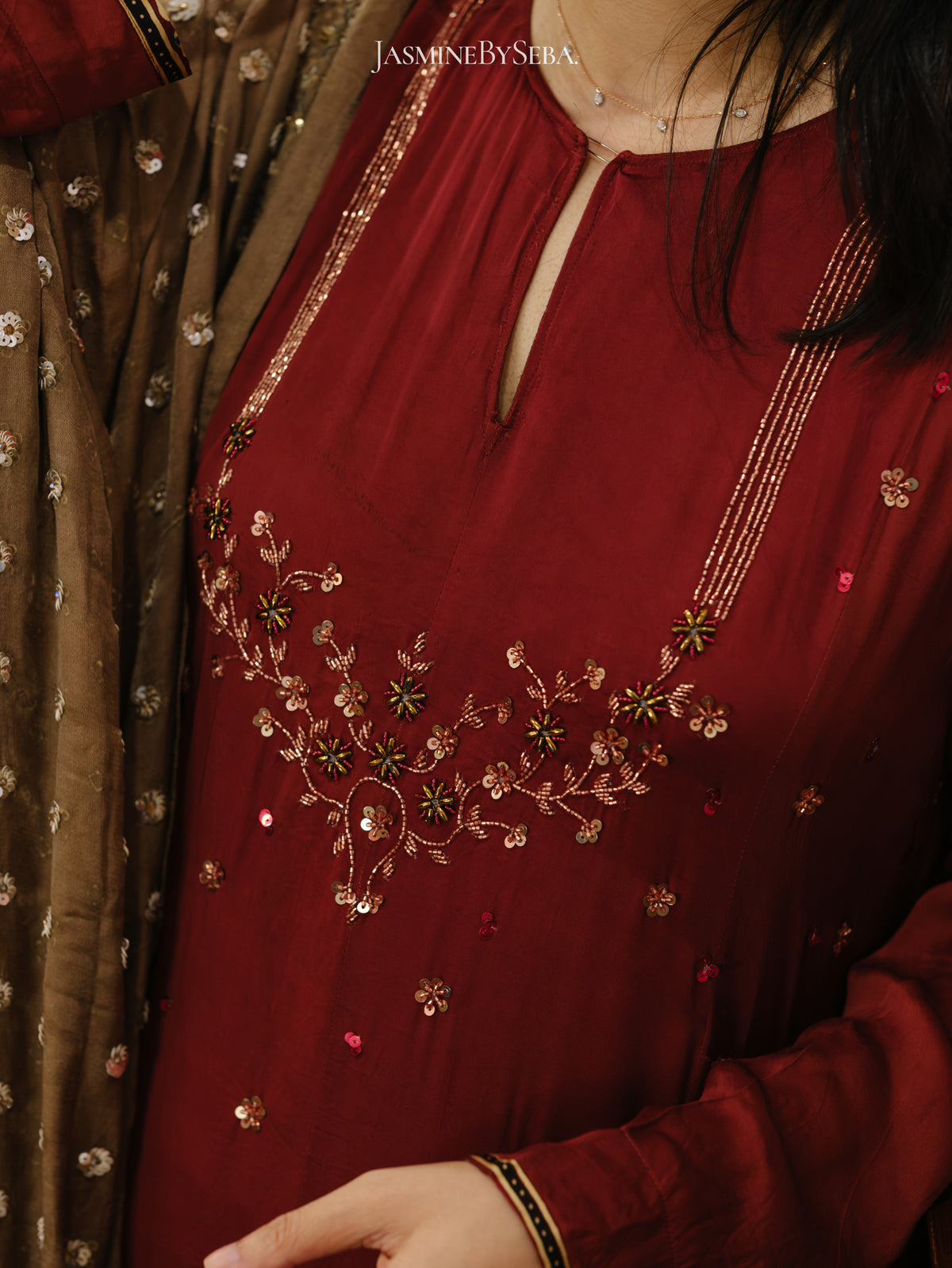 Ajrakh hand dyed hand block printed modal silk panel cut salwar set with cut bead handwork