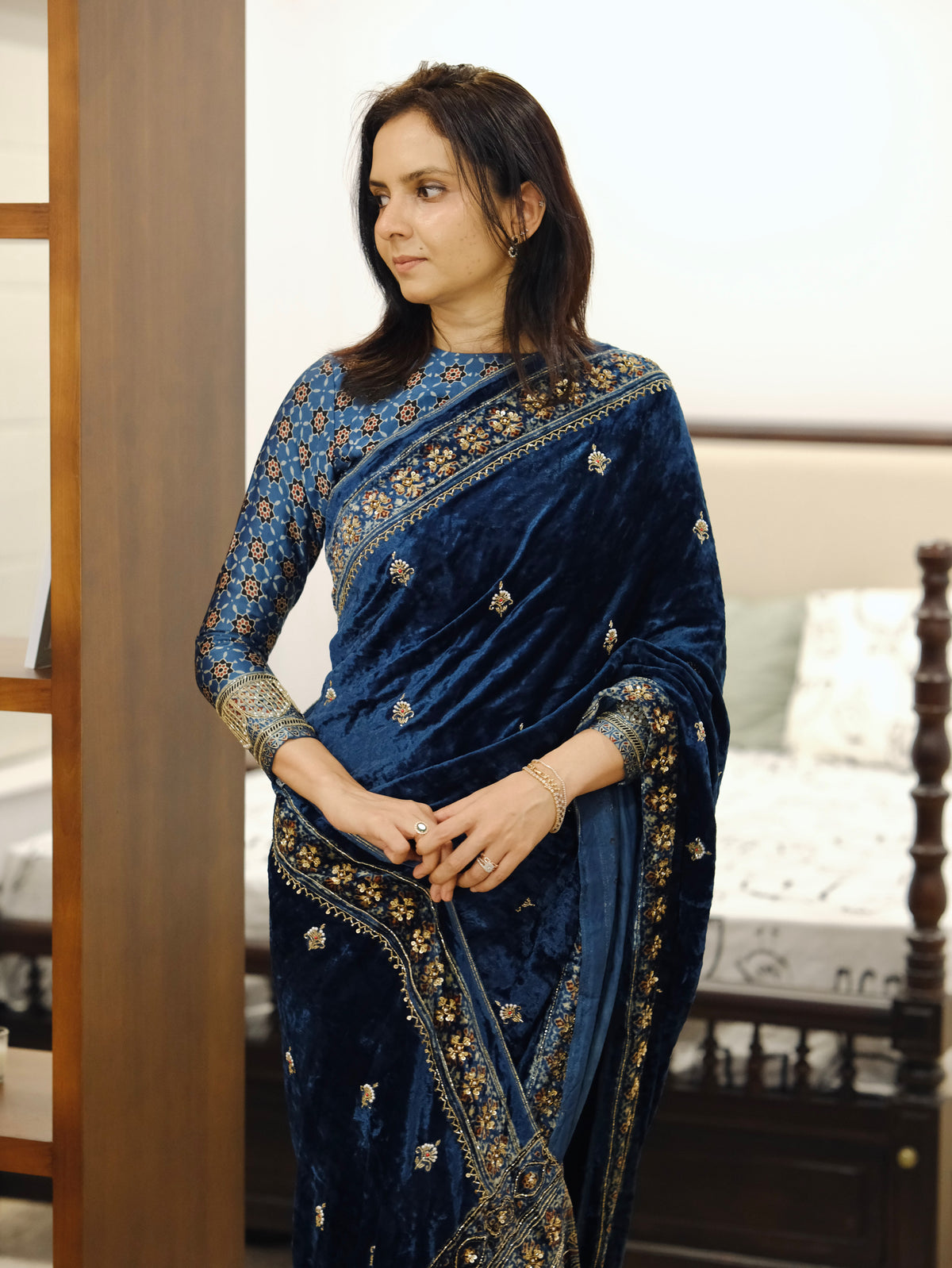 Ajrakh pure velvet silk hand dyed, hand block printed and handworked saree