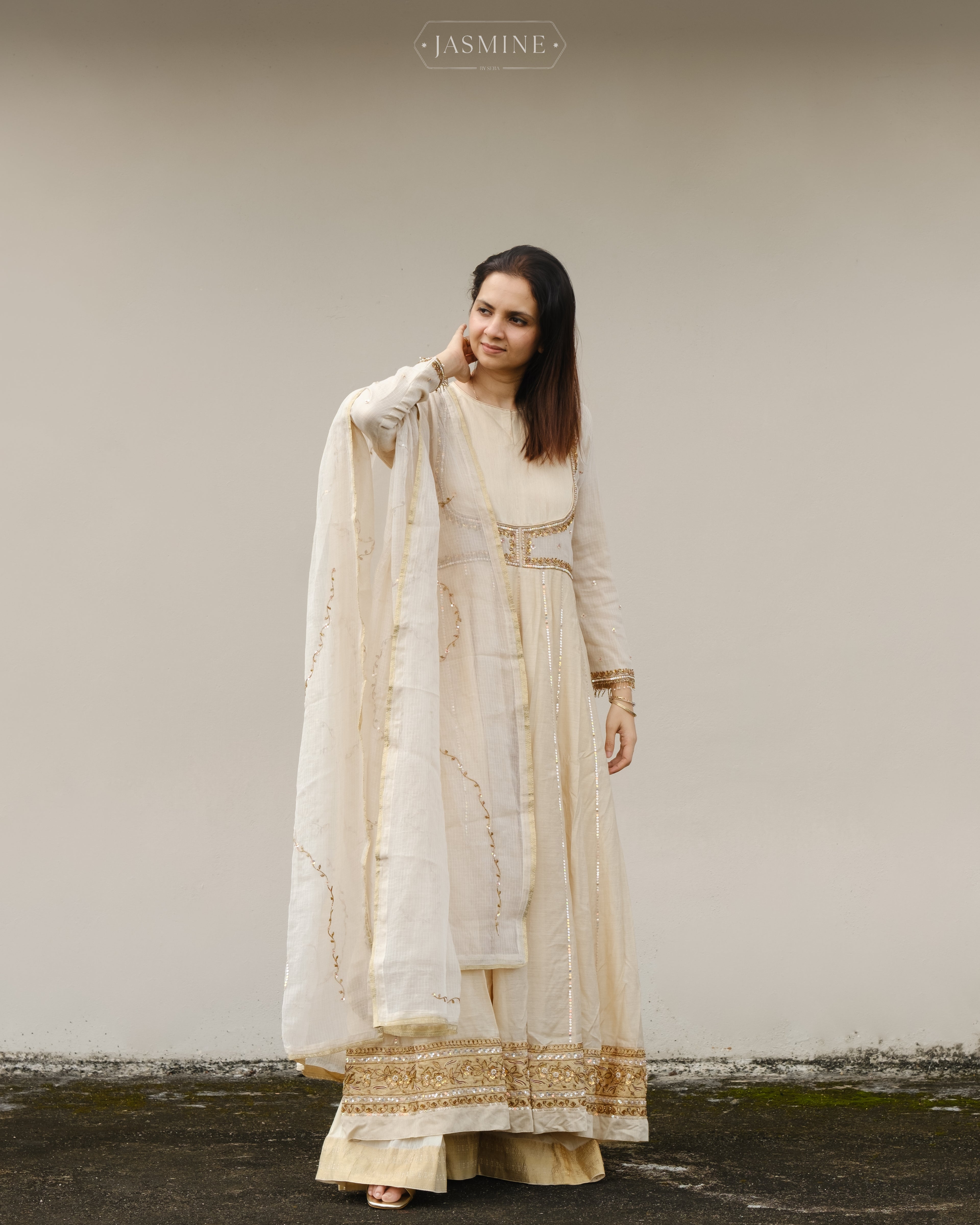 Banarsi silk anarkali with sharara pants teamed