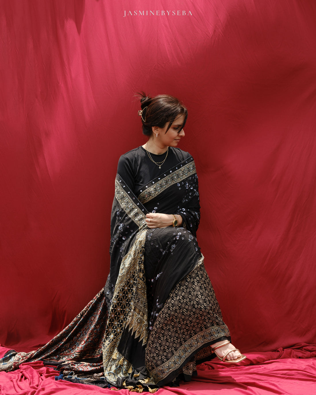 Ajrakh pure modal silk hand dyed, hand block printed and handworked saree