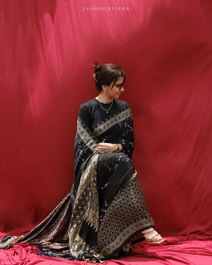 Ajrakh pure modal silk hand dyed, hand block printed and handworked saree