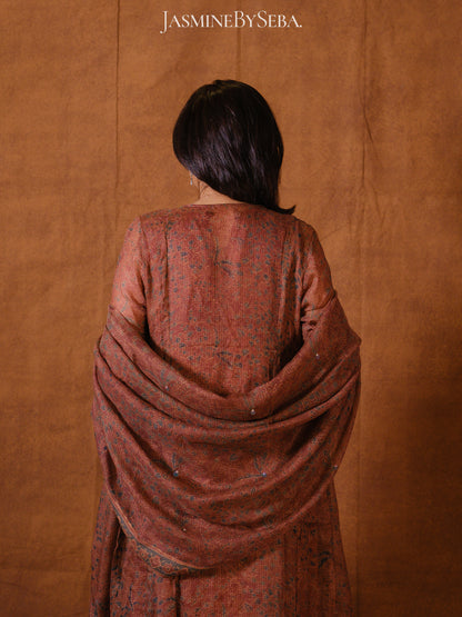 Ajrakh hand dyed hand block printed kota silk jacket set with cut bead handwork
