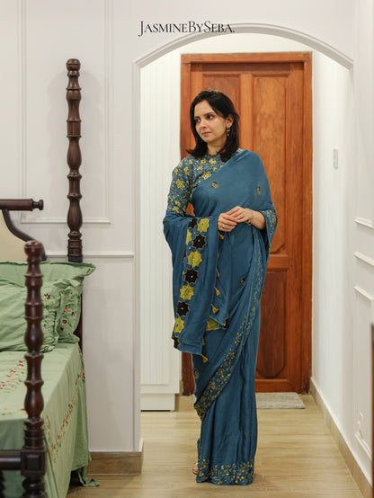 Bespoke ‘Jasmine’ hand printed Ajrakh pure modal silk hand dyed, hand block printed and handworked saree