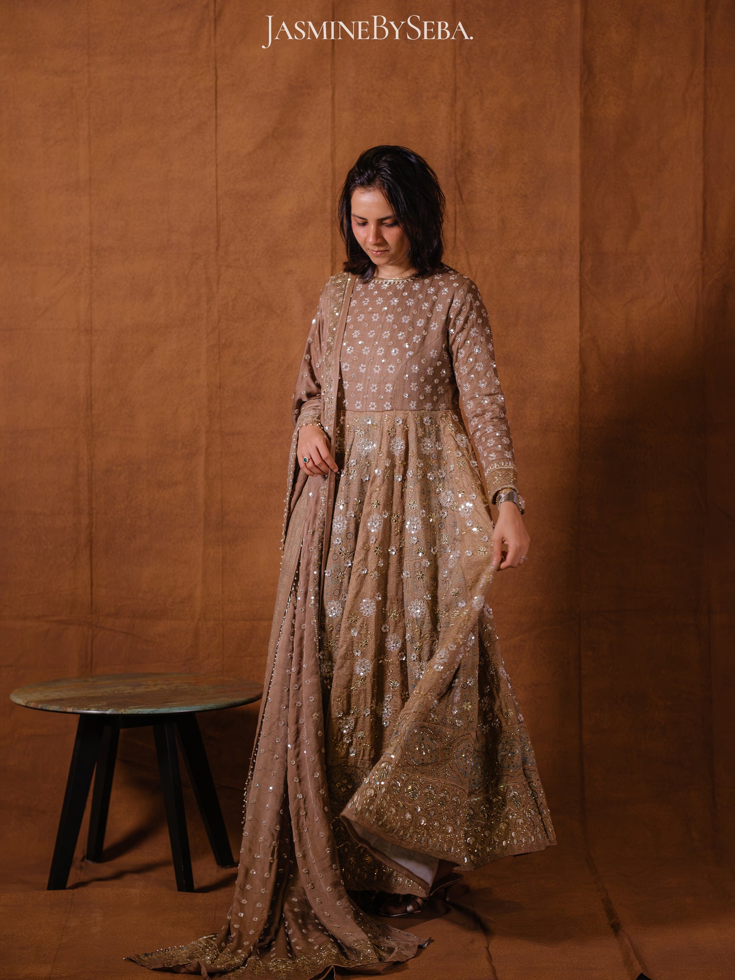 Custom made Ajrakh handcrafted handloom Tusshar silk bridal anarkali set with pure handloom gajji silk dupatta detailed out with hand embroidry
