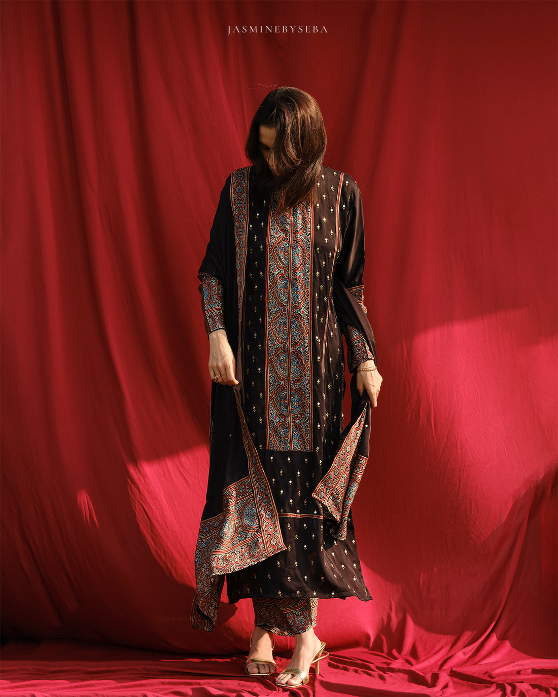 Ajrakh hand block printed modal silk straight cut salwar set with cutbead handwork