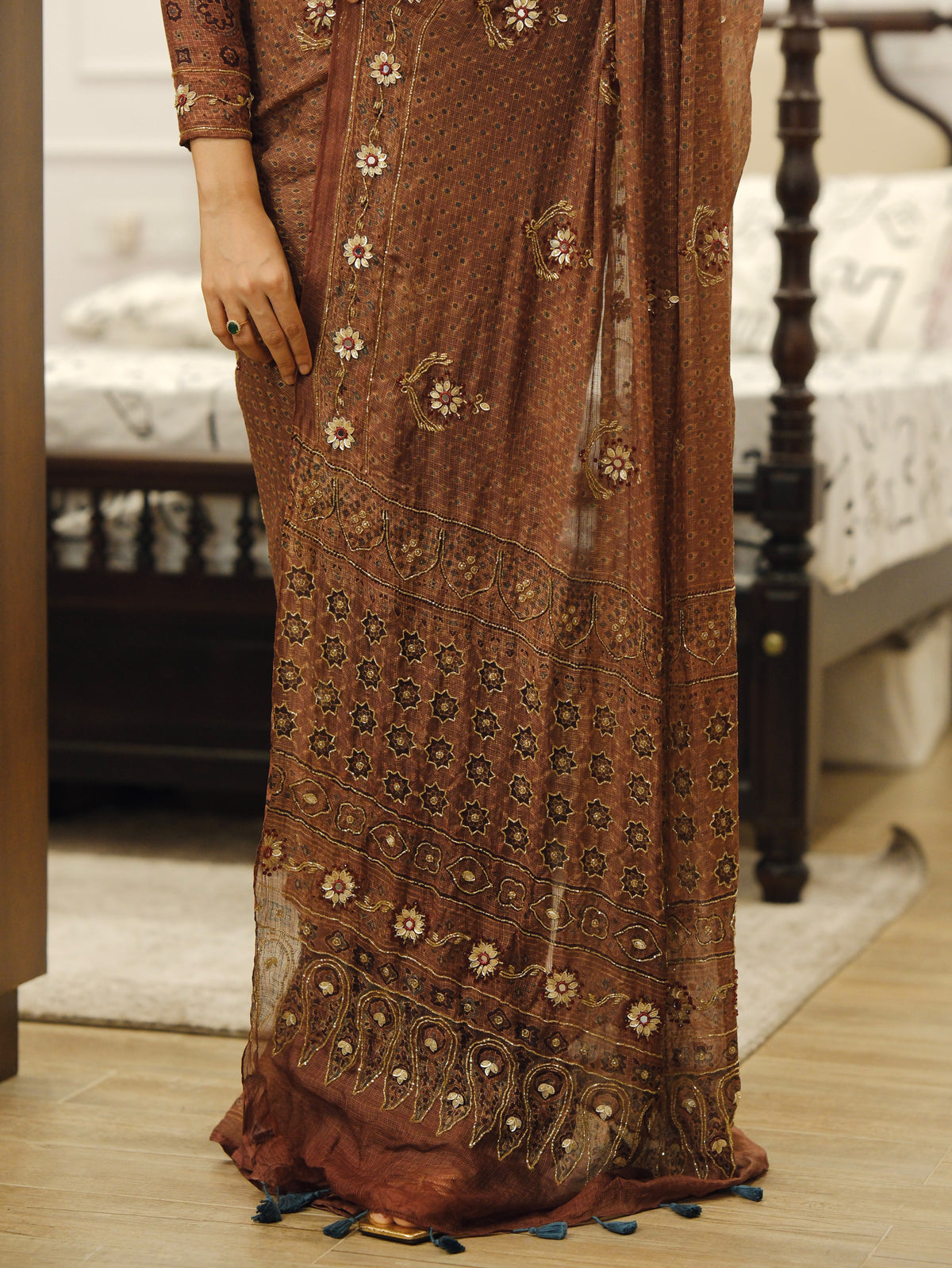 Ajrakh pure kota silk hand dyed, hand block printed and handworked saree